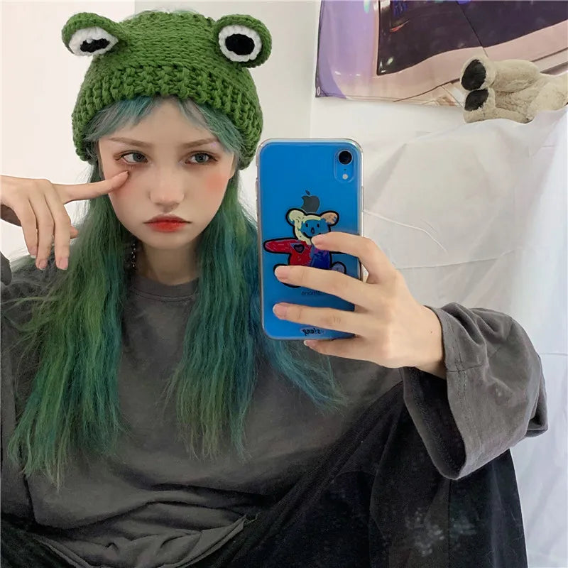 Winter Skullies 2023 Women Frog Hat Crochet Knitted Hat Costume Beanie Hats Cap Women Gift Baby Anime Hat Photography Prop Party